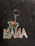 Porte clé I Love mama feuille d’or bleu et rose résine LES MERVEILLES DE SONIA