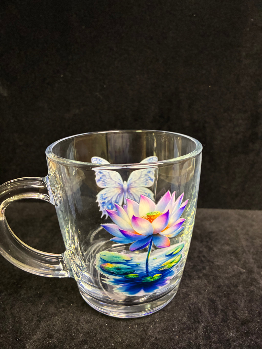 Tasse à café fleurs de lotus papillon blanc verre LES MERVEILLES DE SONIA