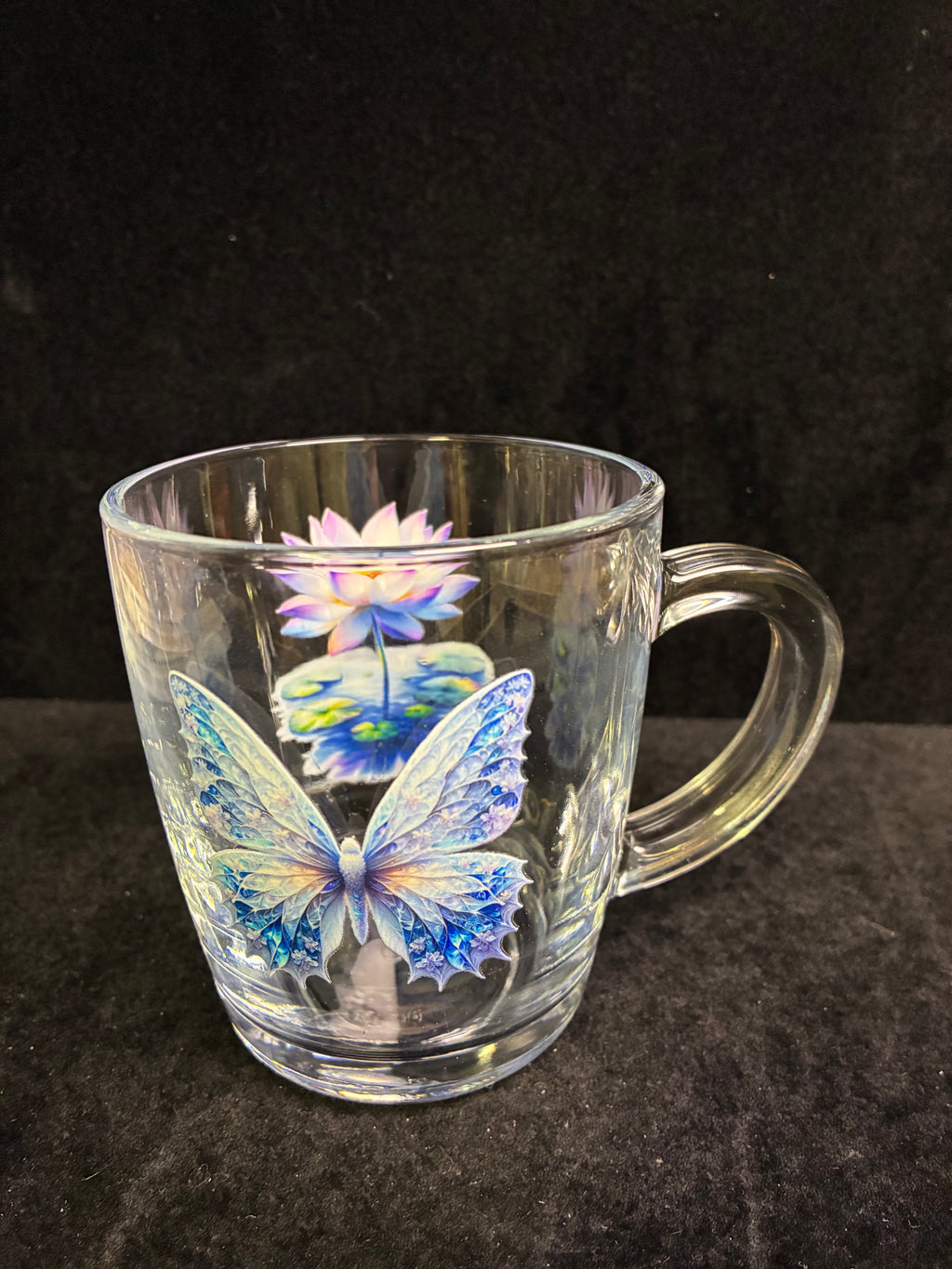 Tasse à café fleurs de lotus papillon blanc verre LES MERVEILLES DE SONIA