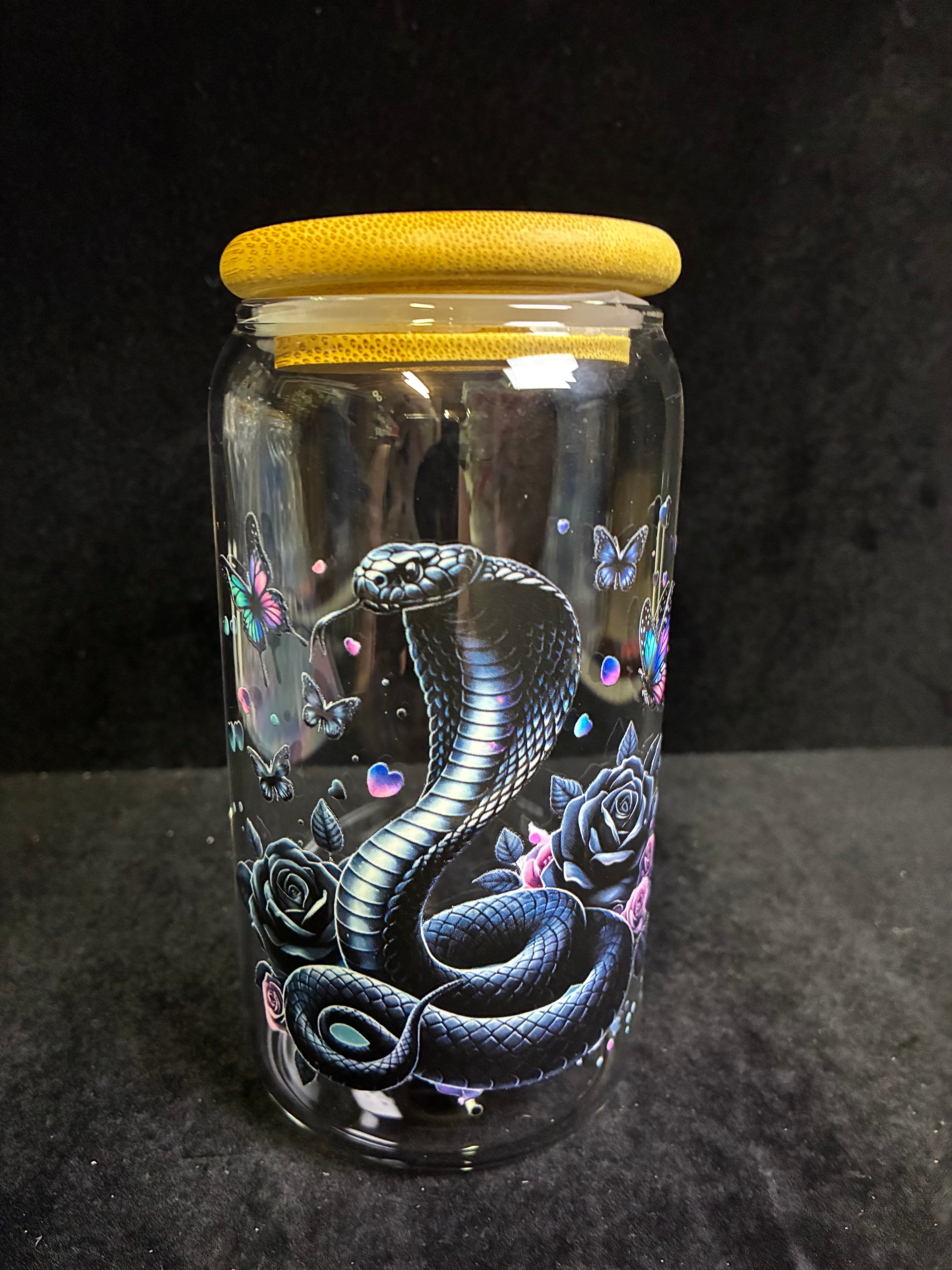 Verre serpent noir fleurs paille en verre LES MERVEILLES DE SONIA