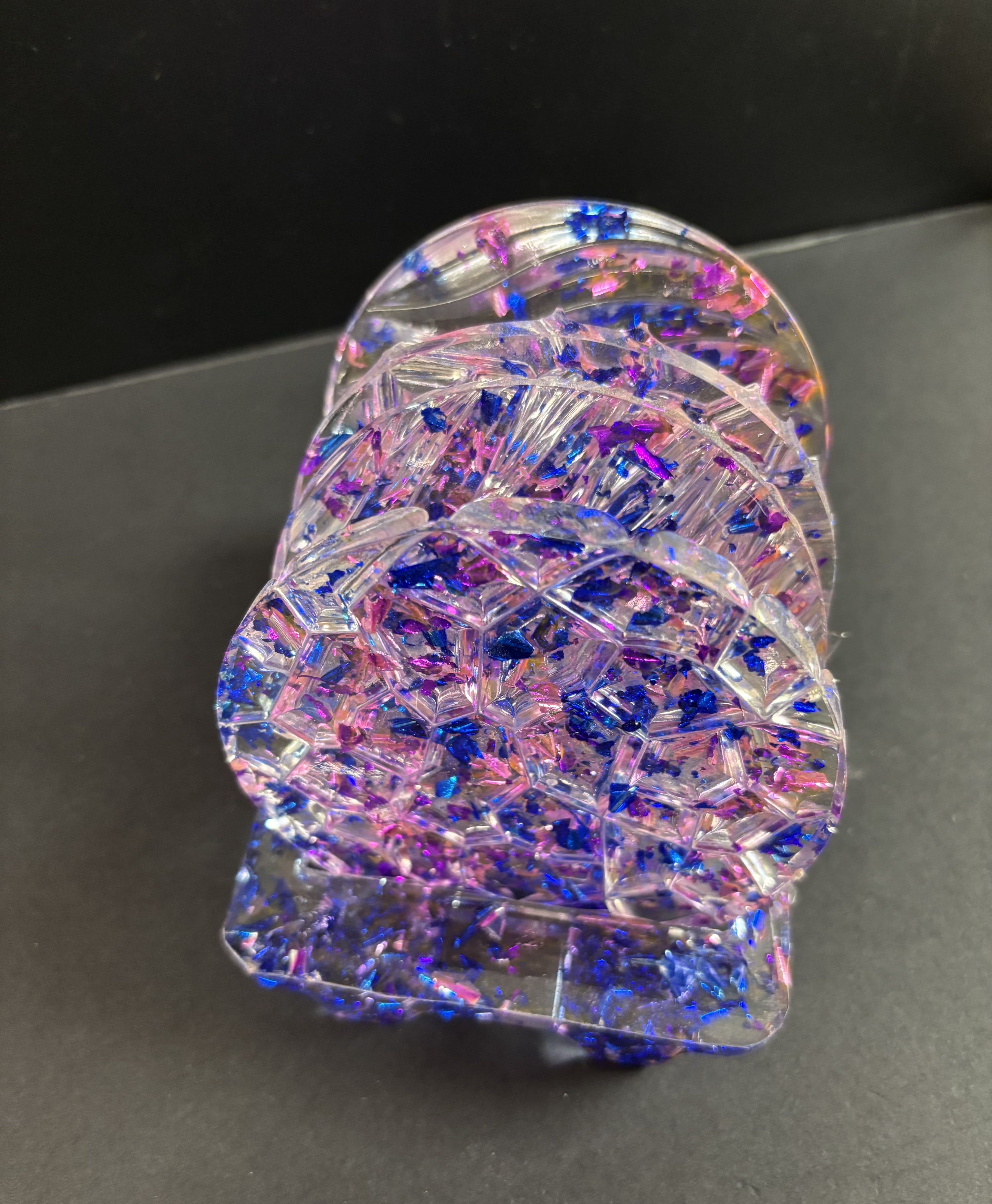 Support 4 sous verres feuille d'or rose et bleu